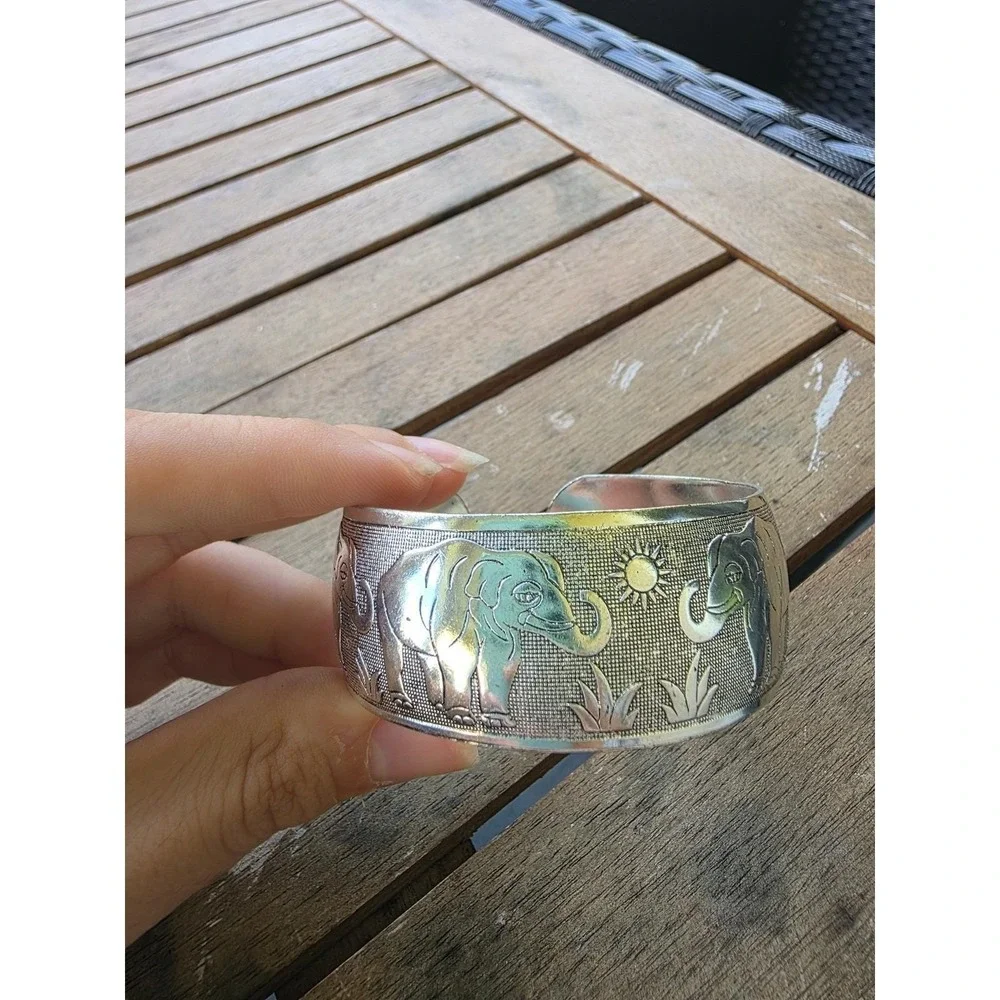 Silver Tone Elephant Cuff Bracelet Wide Boho‎ Festival Statement Jewelry